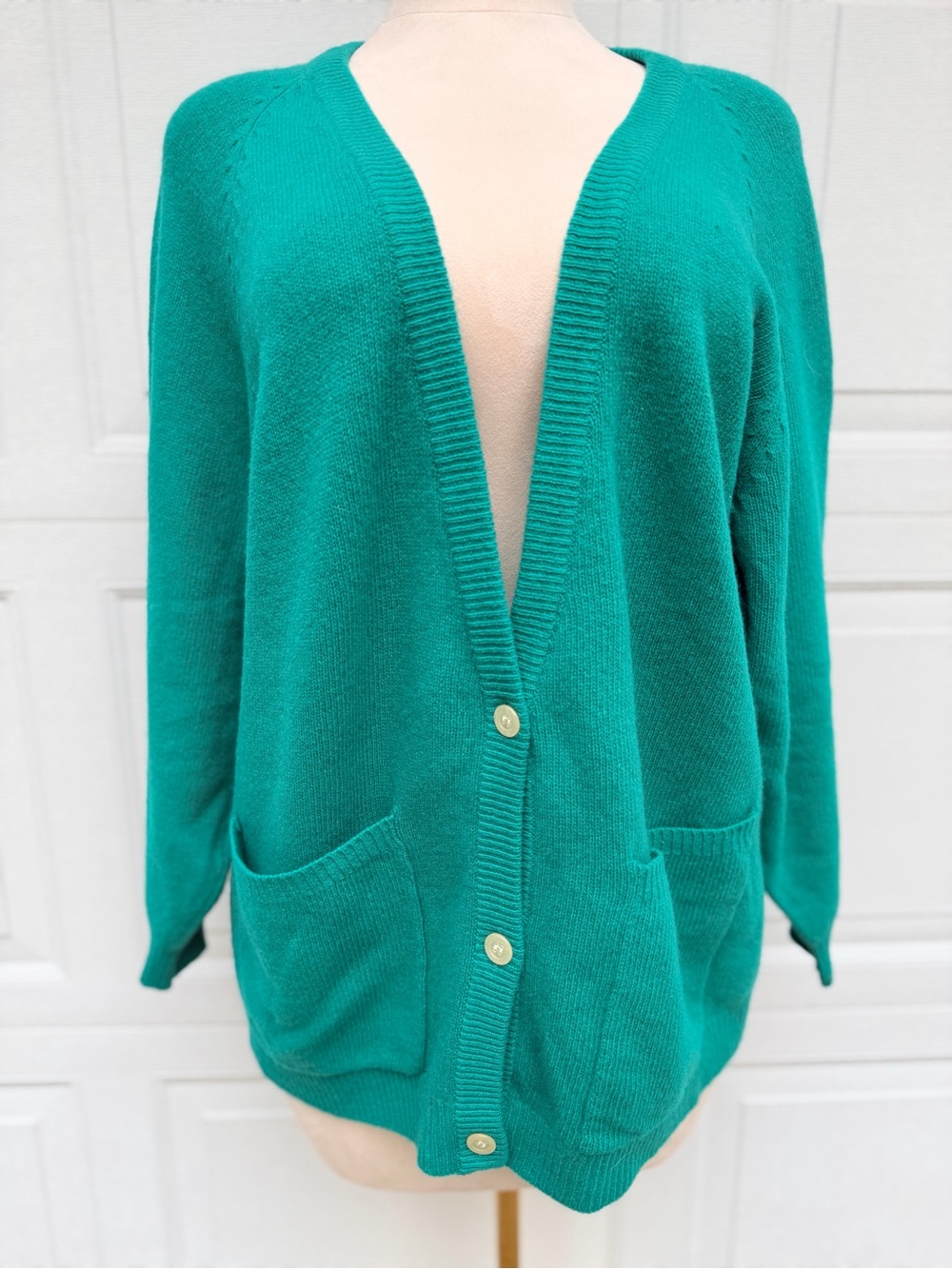 FABE 96% Lambswool Teal Cardigan Fine Knit Button Front Pockets Academia Preppy